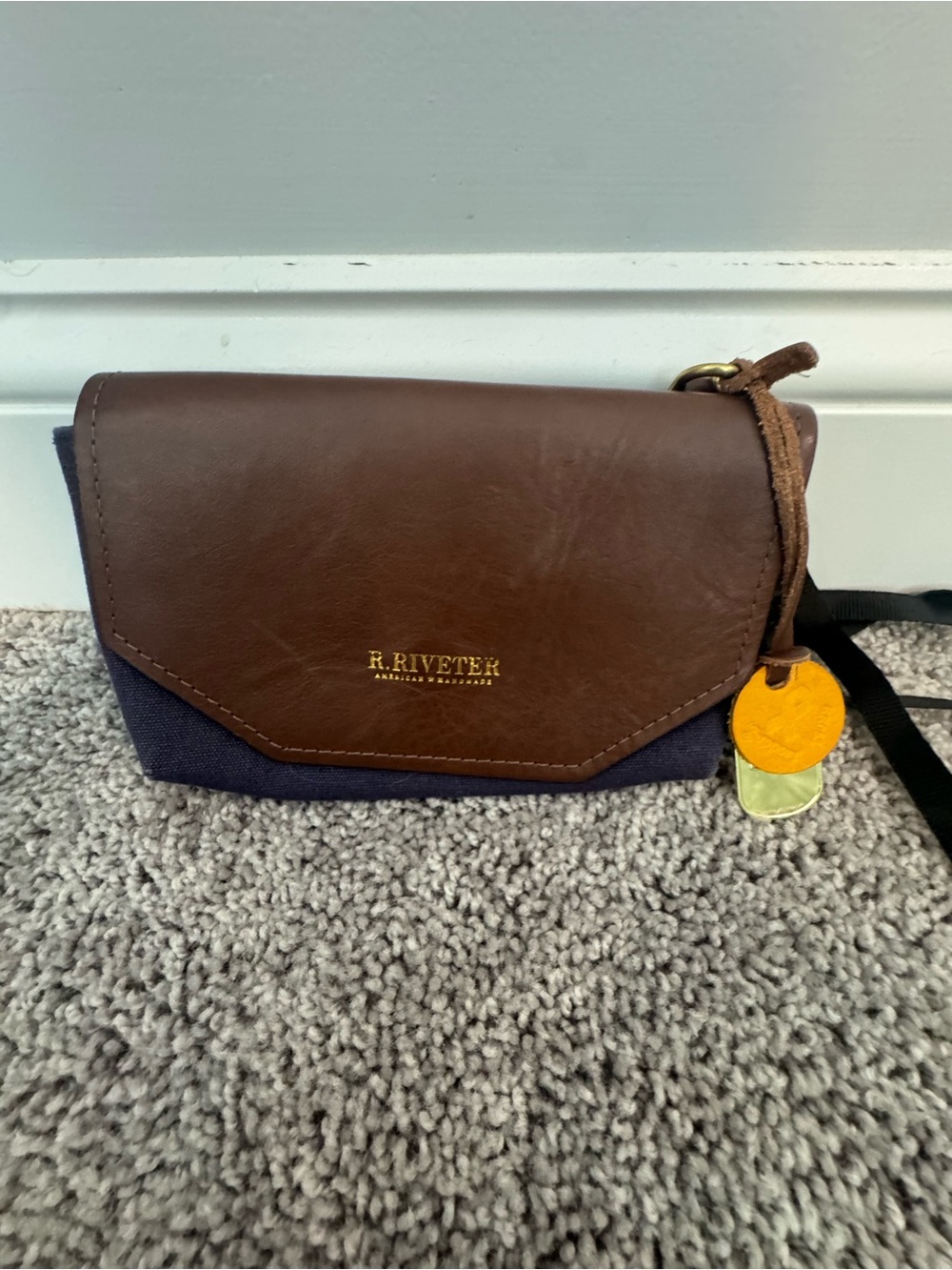 R. Riveter Brown Leather & Navy Crossbody Bag